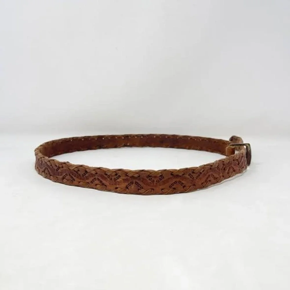 VTG Hand Tooled Leather Belt Wms 34 Brown Silver Buckle Made in Mexico Western